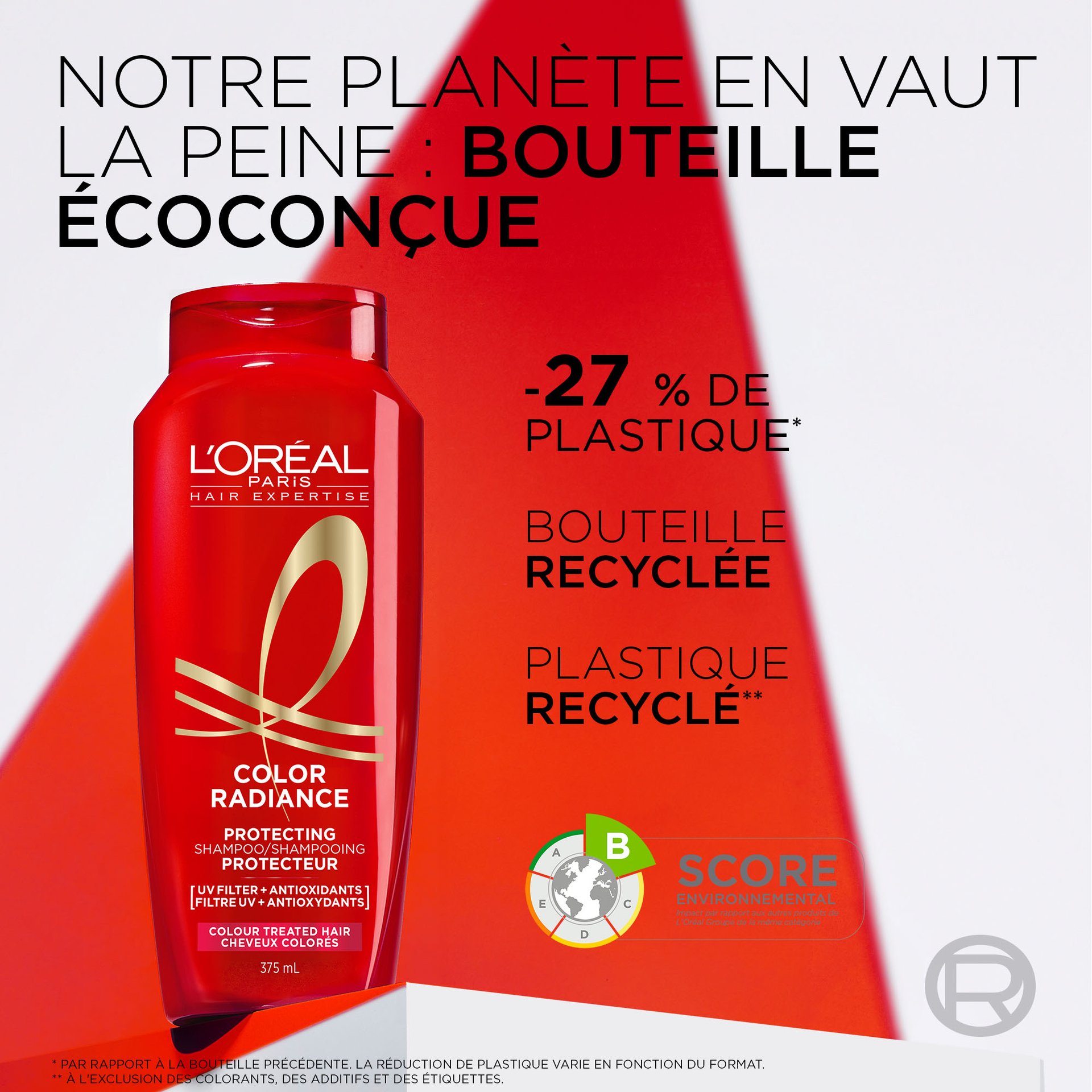 La nouvelle bouteille de shampoing de color radiance utilise 27% de moins de plastique, la bouteille est faite de plastique recyclé